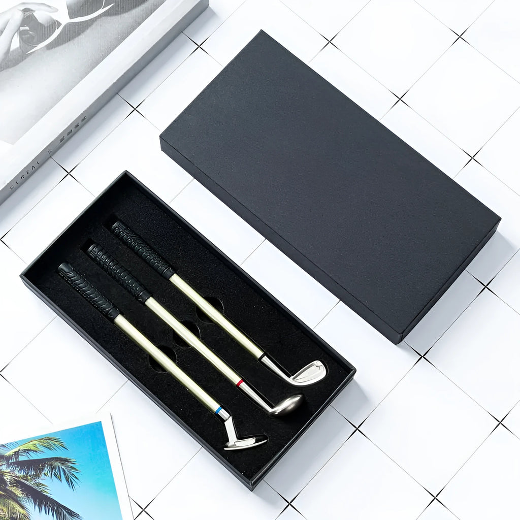 Three metal golf-themed ballpoint pens with 0.7mm bullet-type points.