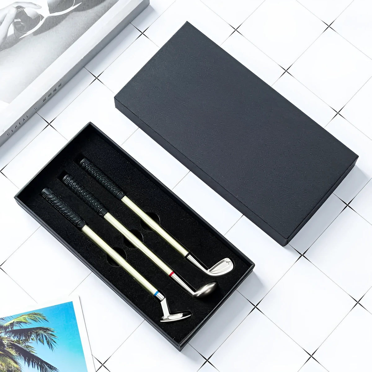 Three metal golf-themed ballpoint pens with 0.7mm bullet-type points.