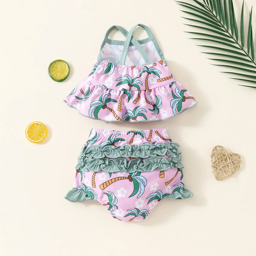 White polyester baby swimsuit two-piece set with shirt and shorts for spring beach use
