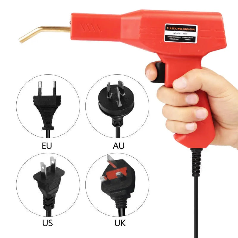 Red plastic welding gun host with pure copper transformer, 4 types of nails, pliers knife and black plastic box for bumper repair
