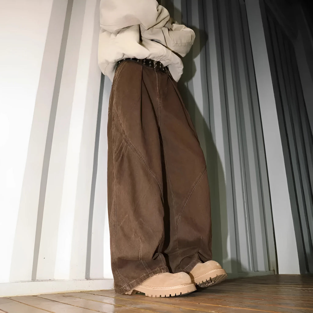 Men's pleated straight-leg trousers in a striped pattern, shown in apricot colour.