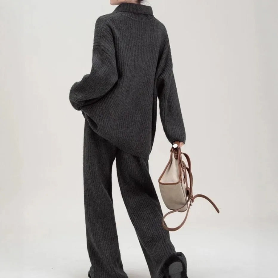 Women's beige imitation cashmere sweater suit two-piece set with knitting top and casual trousers