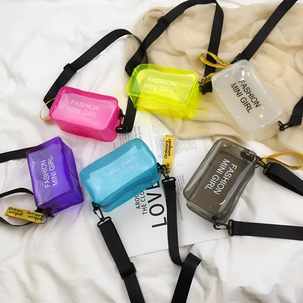 Transparent square jelly shoulder bag with adjustable strap in multiple colour options