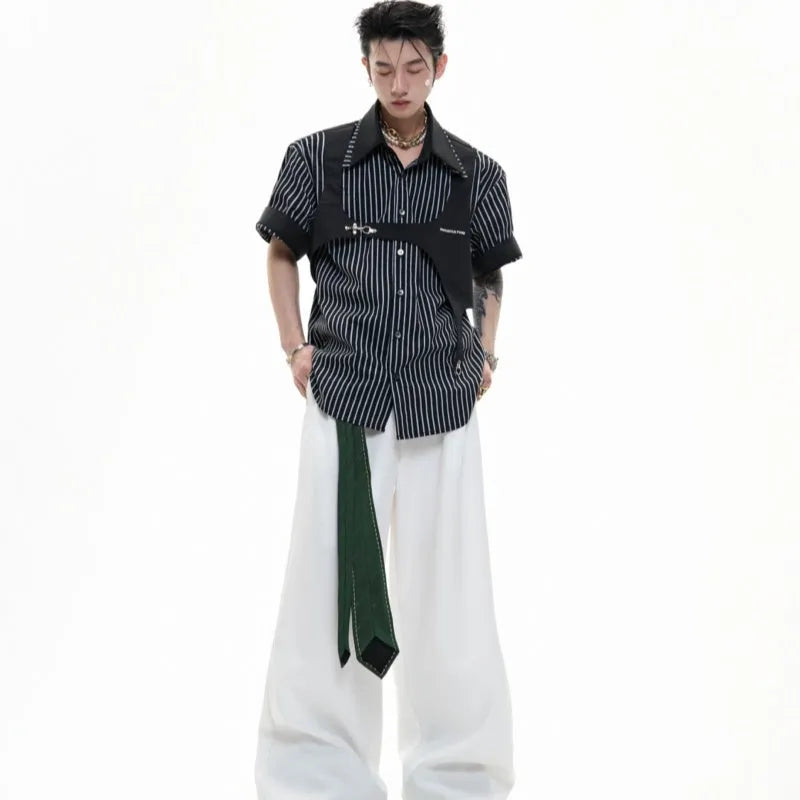 Men's black and white striped cotton shirt with double collar design, short sleeves