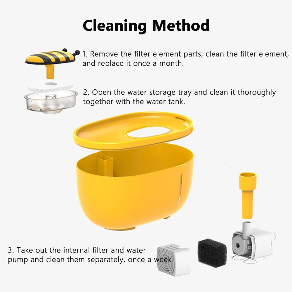 Yellow automatic cat water fountain with filtration system and USB power connection