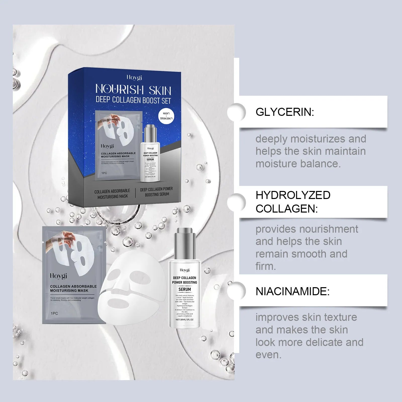 Collagen moisturising skincare set with face mask and 30ml essence bottle