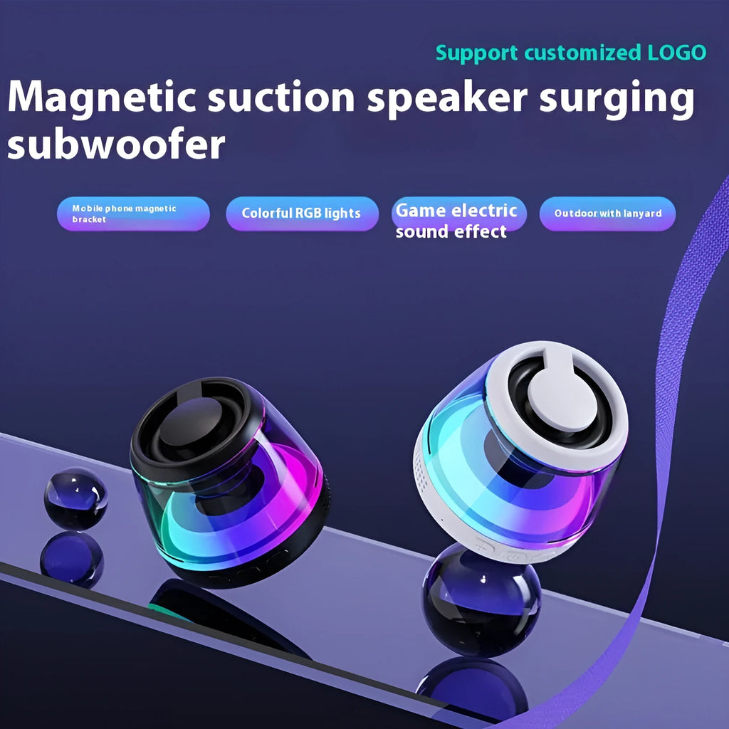 Portable wireless Bluetooth mini speaker with magnetic base and ambient lighting in black or white colour