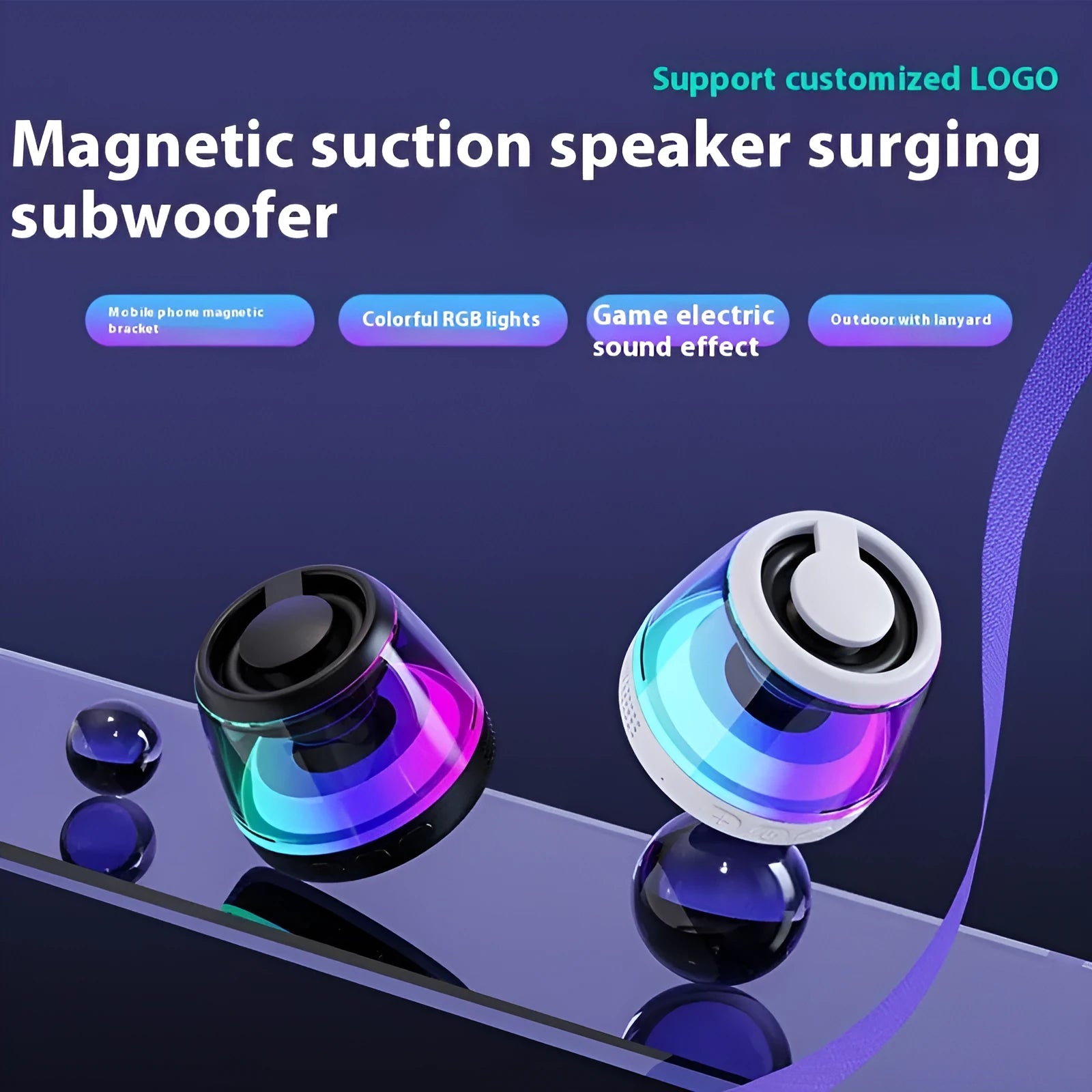 Portable wireless Bluetooth mini speaker with magnetic base and ambient lighting in black or white colour