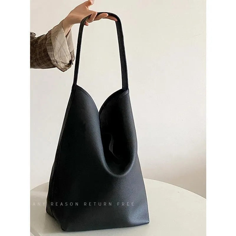 Large capacity PU bucket shoulder tote bag in grey or black, 25cm wide, 35cm high, 15cm thick, with file bag interior and sewing thread detail