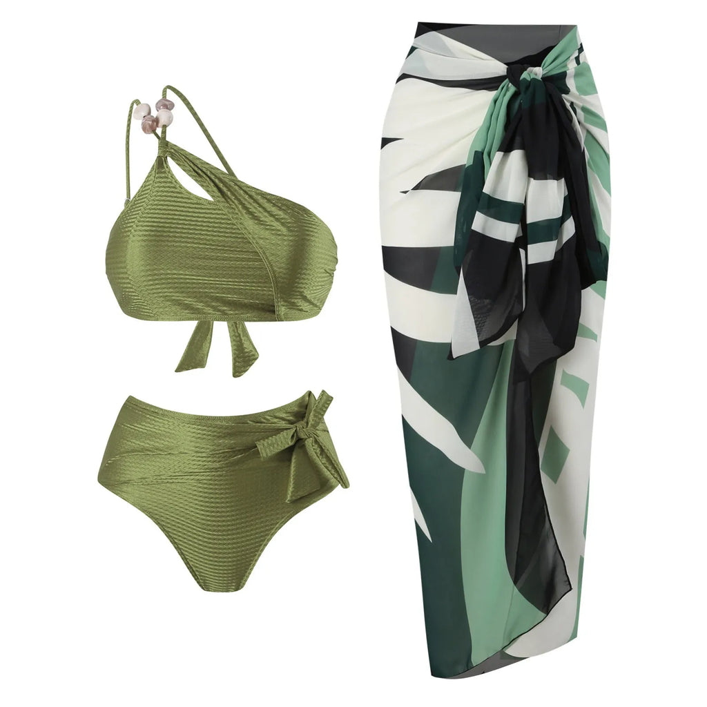 Women's brown push up bikini with high waist briefs and a matching sheer chiffon dress overlay.