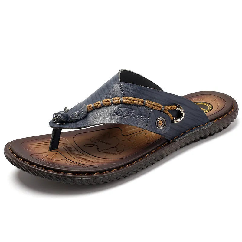 Men's black PU leather slippers with non-slip rubber soles showing size and colour options