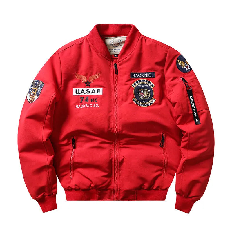 Men's slim-fit black retro embroidery motorcycle coat with a stand collar and patch pockets.