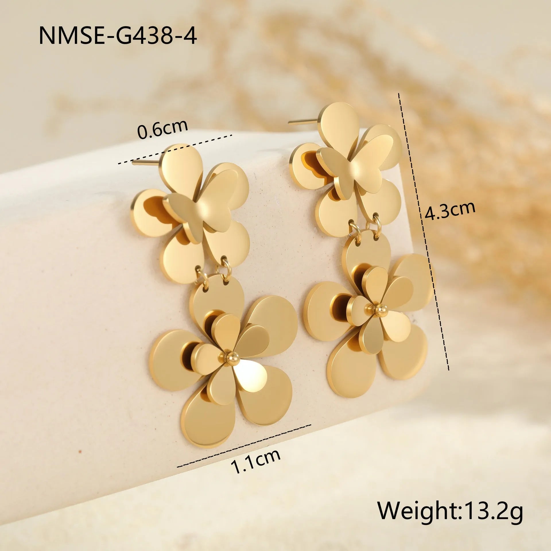 Women's stainless steel earrings with flower butterfly design in electroplated 18K gold colour