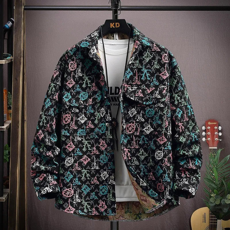 Casual lapel shirt coat in a light colour with long sleeves and straight hem, shown on a hanger.