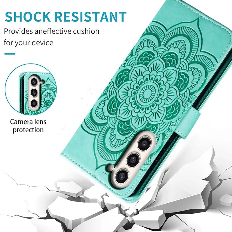 Mandala mobile phone leather case with card insertion, lanyard, bracket and magnetic suction for selected iPhone models