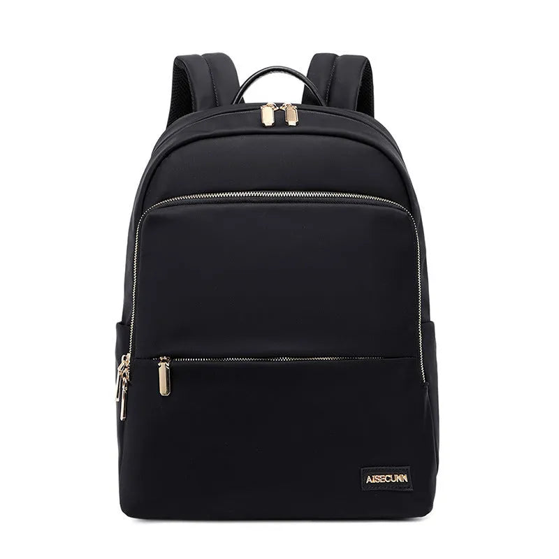 Oxford cloth women's backpack in black and purplish grey colours, showing large main compartment.