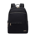 Oxford cloth women's backpack in black and purplish grey colours, showing large main compartment.