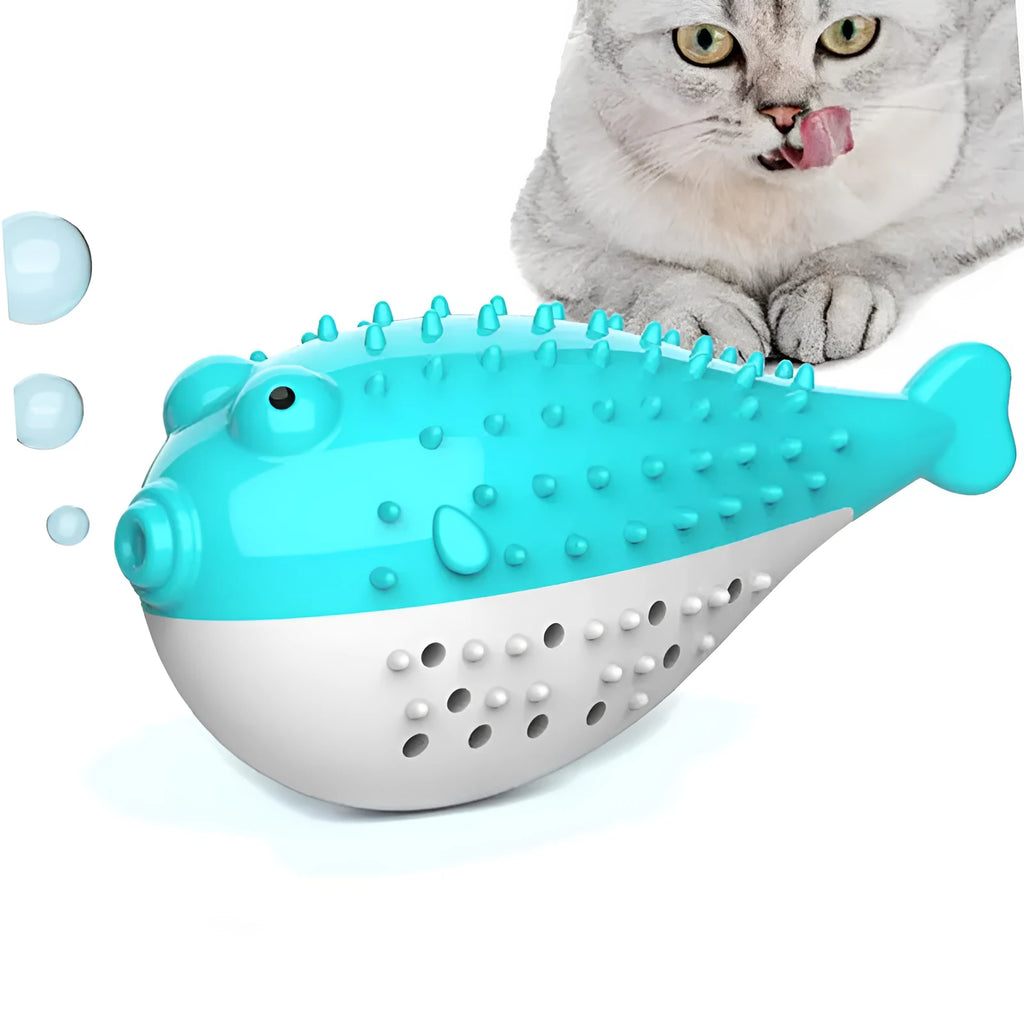 Silicone fish-shaped cat chew toy in blue, green, pink or yellow colours for interactive play