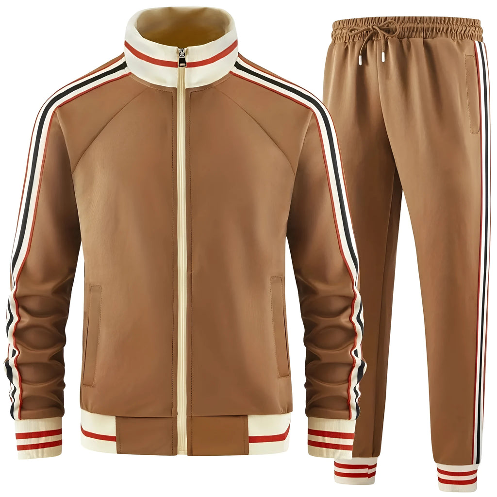 Khaki green turtleneck zipper cardigan and matching straight-leg trousers street style two-piece suit set.