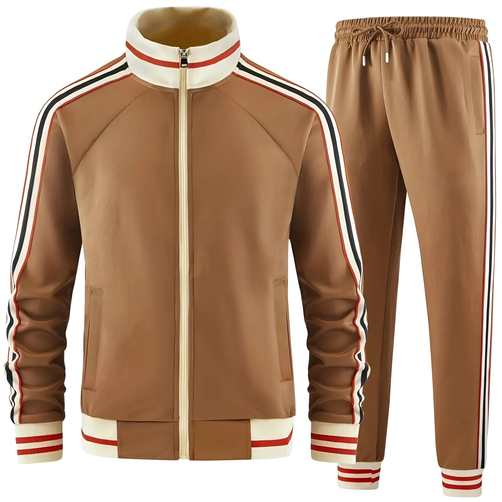 Khaki green turtleneck zipper cardigan and matching straight-leg trousers street style two-piece suit set.