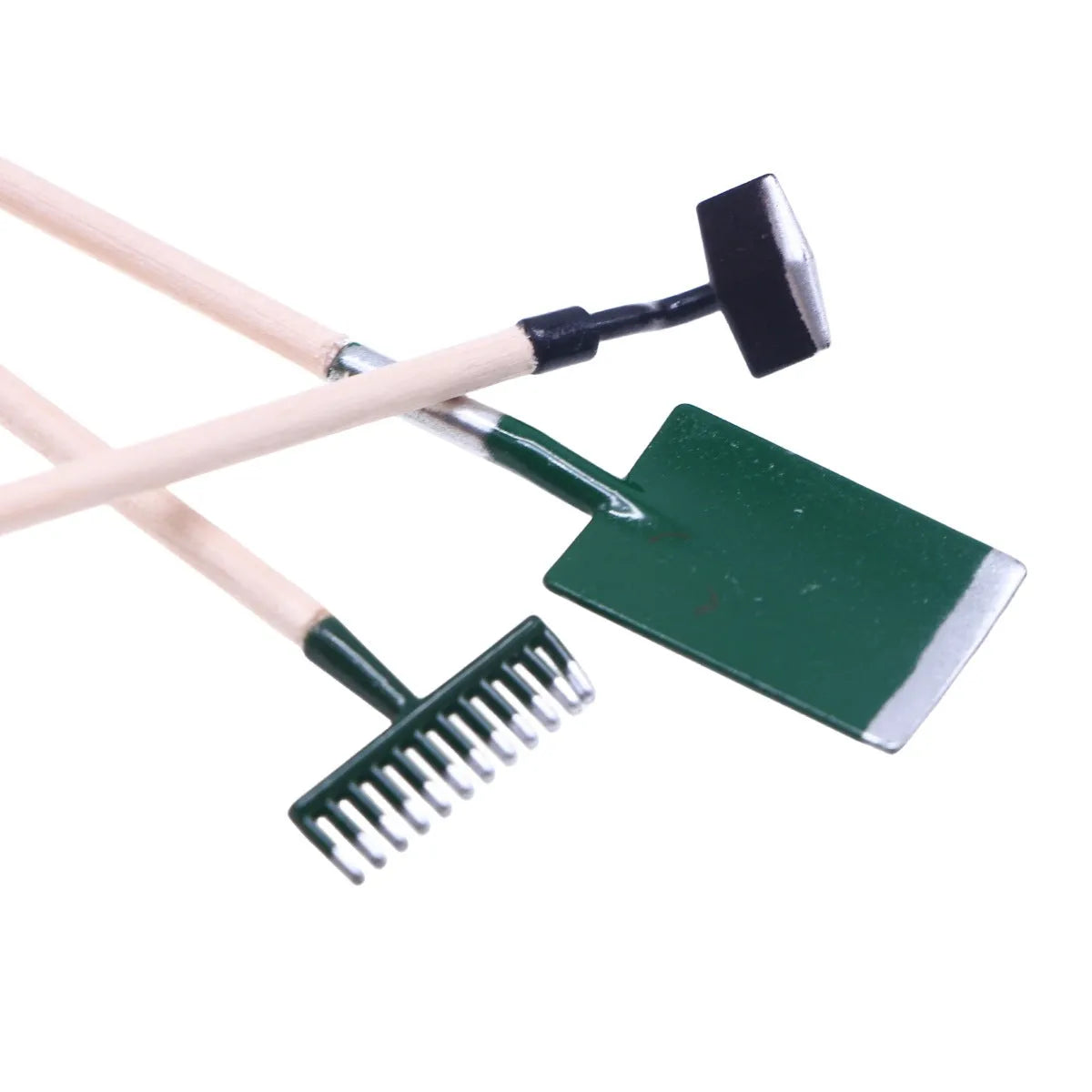 3pcs alloy miniature garden tool set for dollhouse elf garden and farm scenes, listed for ages 7-14