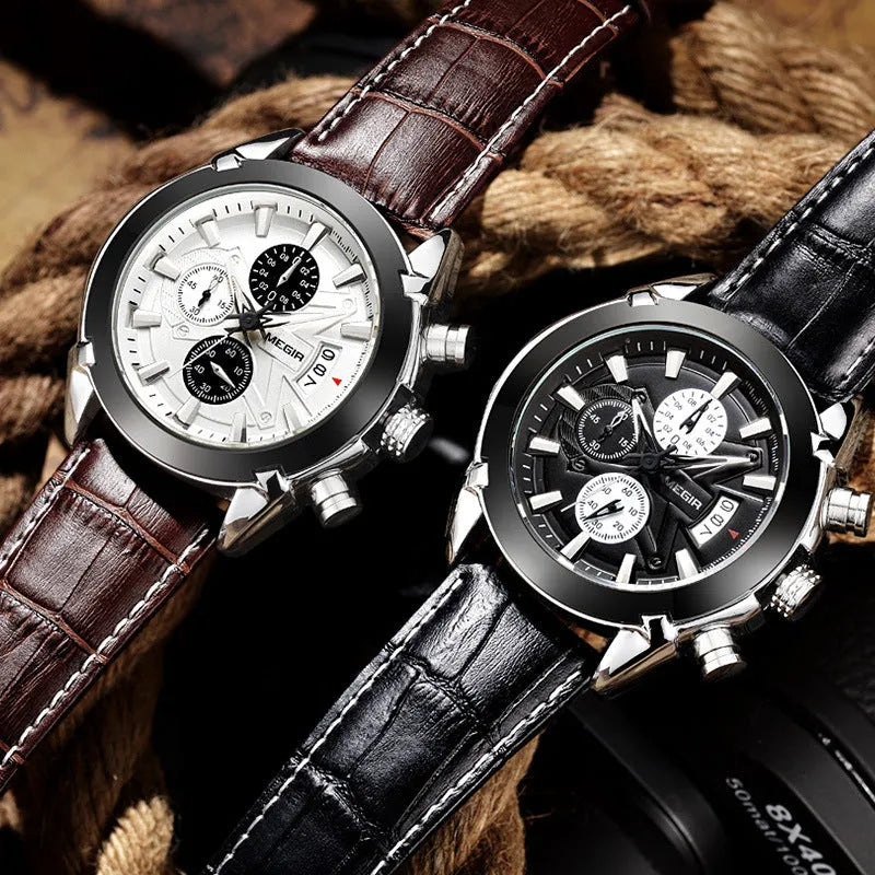 Men's brown and white dial quartz chronograph watch with three sub-dials and luminous markers