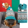 Blue diamond pattern acrylic knitted dog sweater laid flat, showing pullover neck and textured knit.