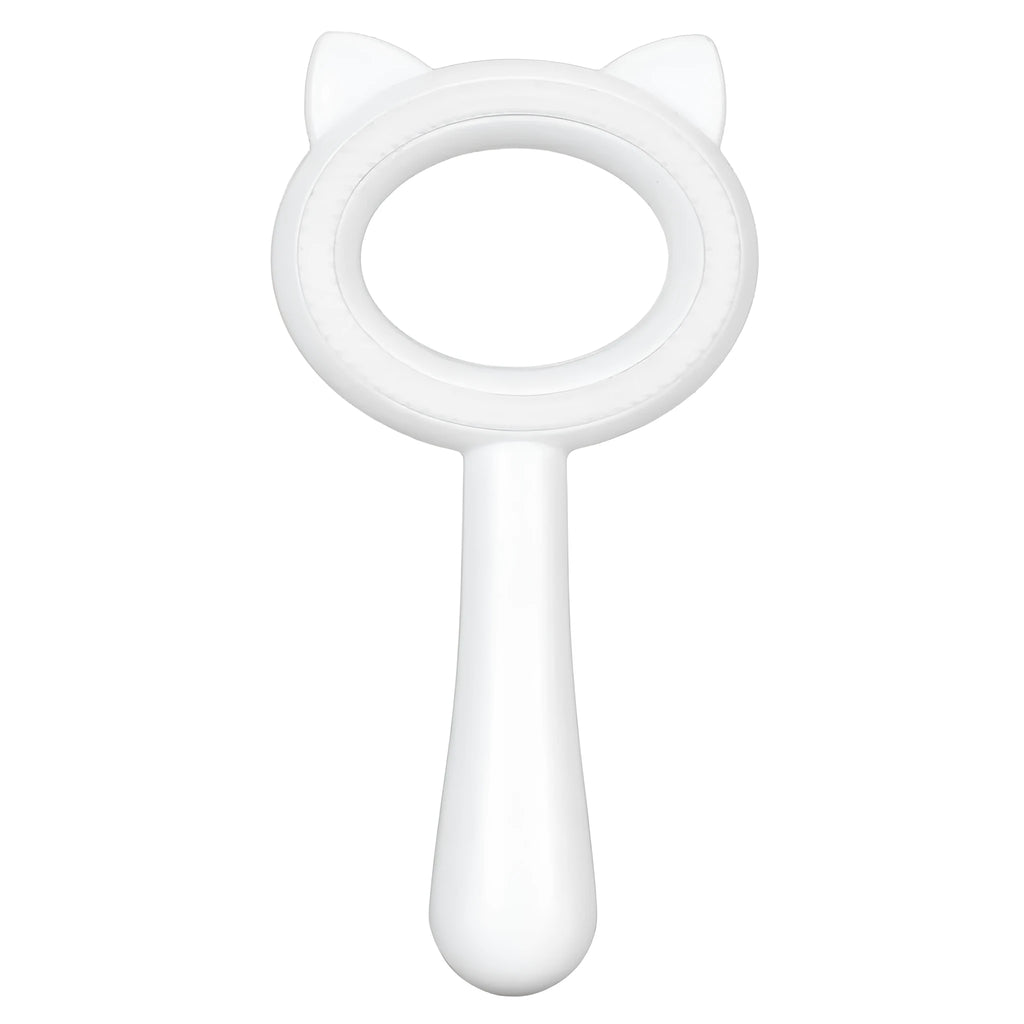 Blue and white double-sided pet grooming brush with ergonomic handle for cats and dogs