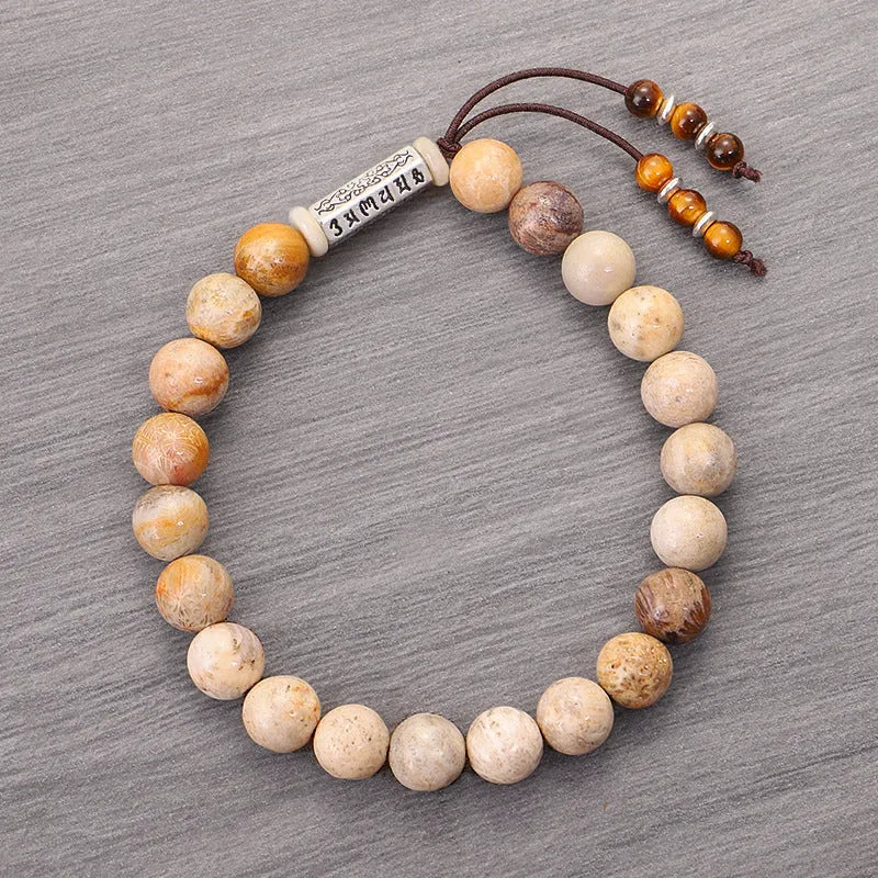 Handmade stone bead bracelet in natural wood colour with retro design