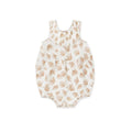 Cotton sleeveless baby romper in floral pattern, triangle jumpsuit style, shown in beige leaves colour, sizes 66cm to 90cm