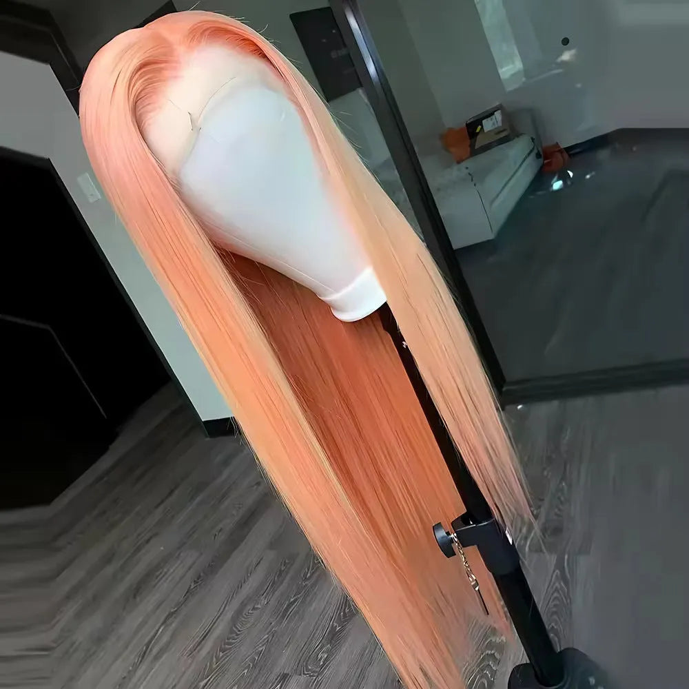 Light orange long straight synthetic wig with front lace and side bangs on a display head