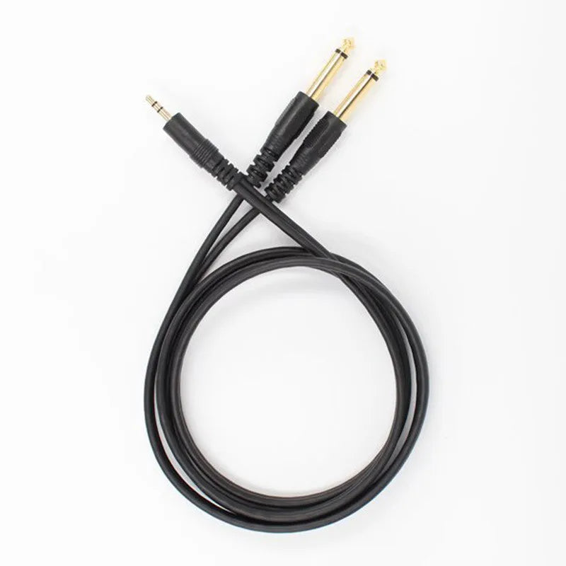 3.5mm to 6.5mm male-to-male stereo audio cable with gold connectors on a black cable.