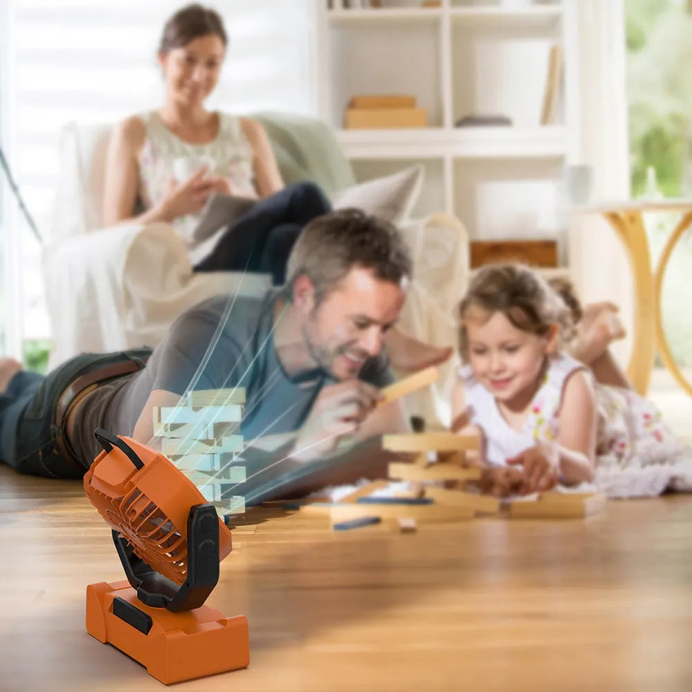 Portable rechargeable fan with remote control, shaking head, light and mobile power in F6 orange, army green or black