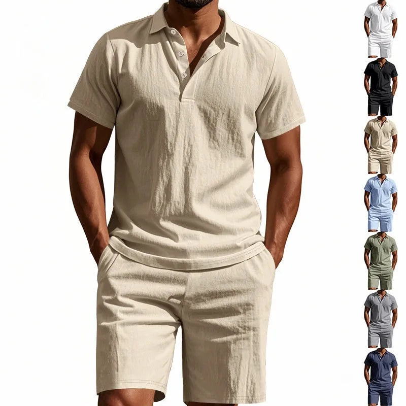 Men's light grey linen blend short sleeve top and shorts summer suit set on a hanger.