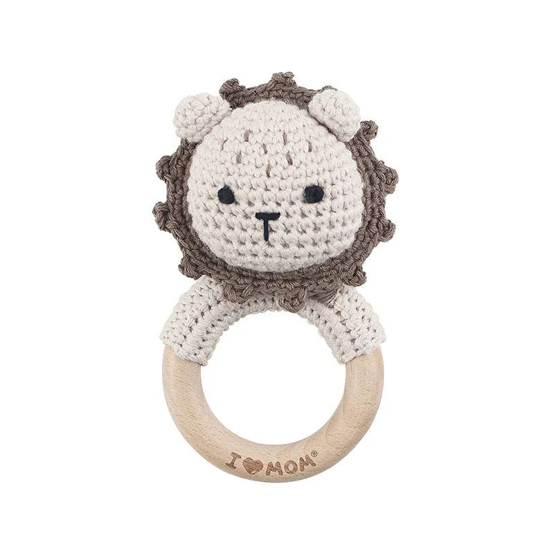 Crochet baby rattle toy with wooden rattle drum, knitted cartoon animal doll for infants 0-3 years, shown in one of 21 colour options