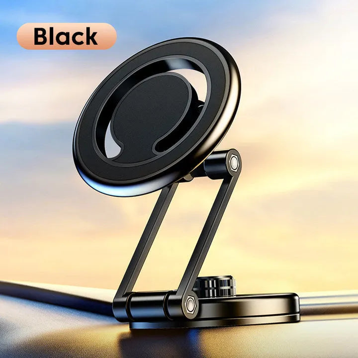 Telescopic folding car phone holder with magnetic suction base mounted on vehicle instrument panel