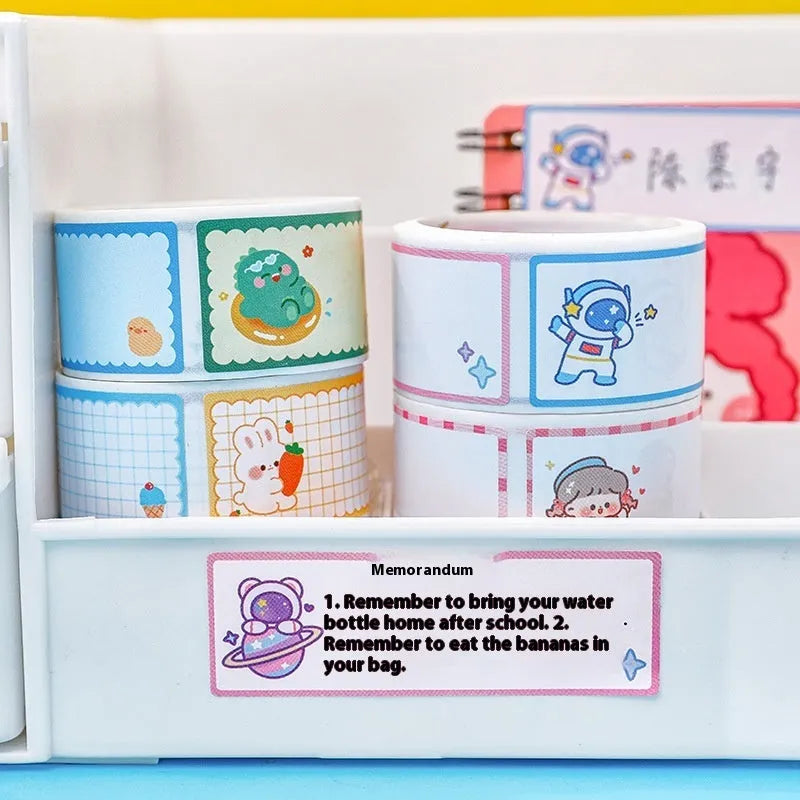 Roll of colourful cartoon stickers showing Dinosaur, Astronaut, Rabbit, and Girl design options