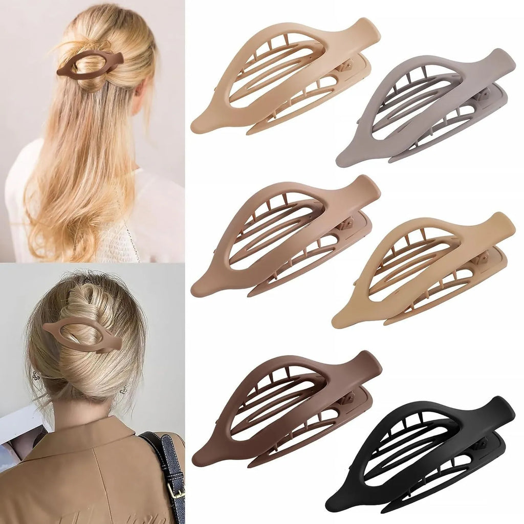 Six rose red and nude plastic hair clips with frosted grips and a quadrilateral shape.