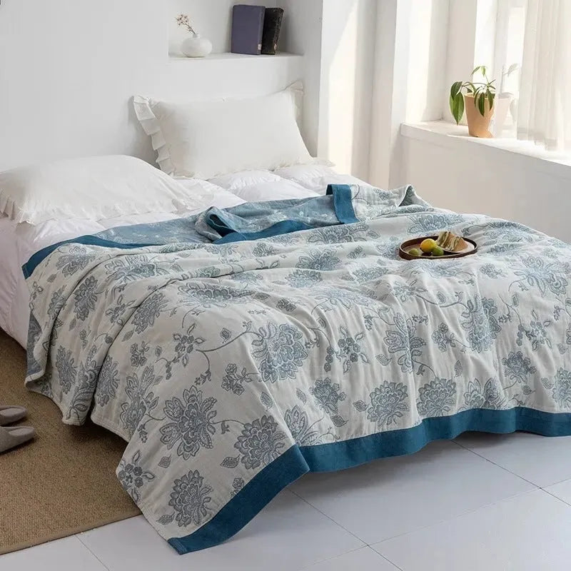Five-layer gauze cotton bed sheet blanket with Roulette Wheel Blue pattern for autumn winter use