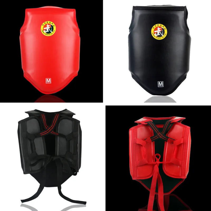 Red one-piece boxing helmet chest protector for fighting training, shown with sizes S, M, L available.