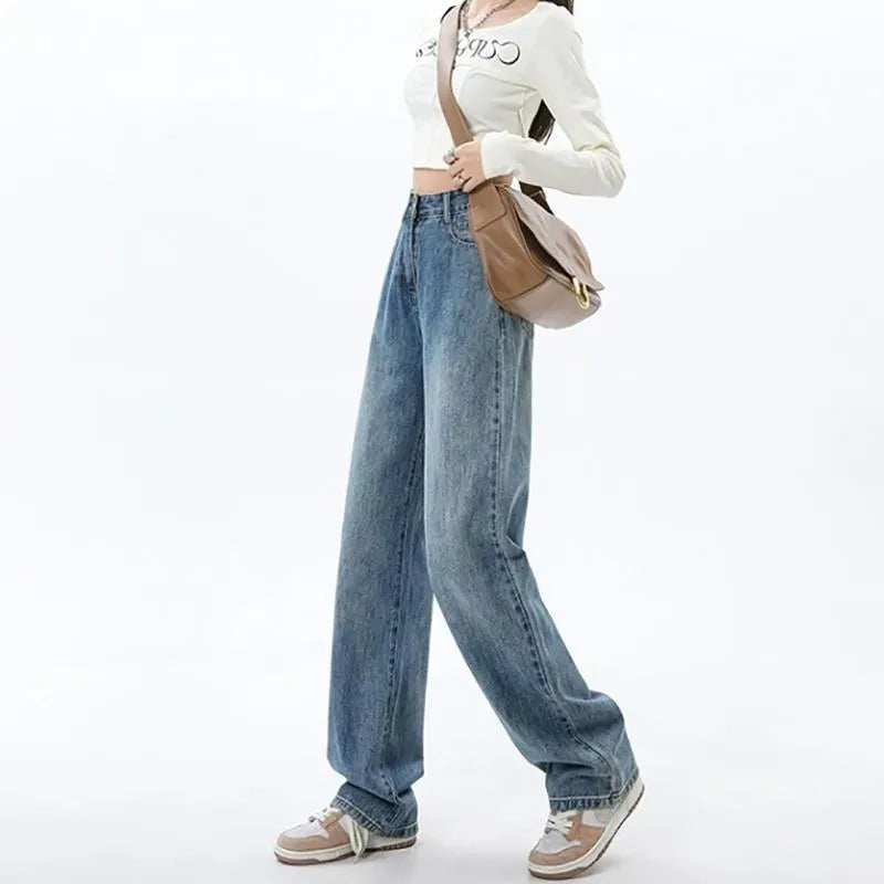 Retro blue women's wide leg jeans with high waist and straight cut design