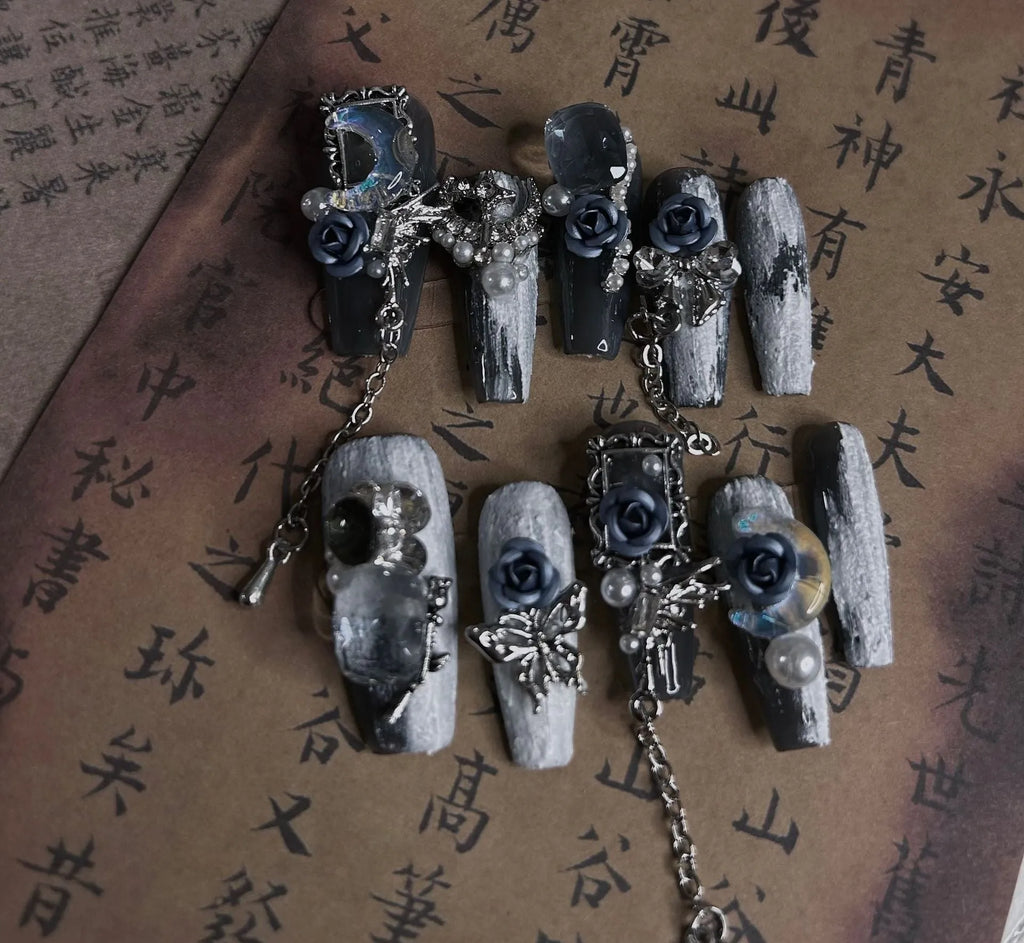 Blue night V04 evening manicure set with ornate rose floral pattern and plastic armour suit