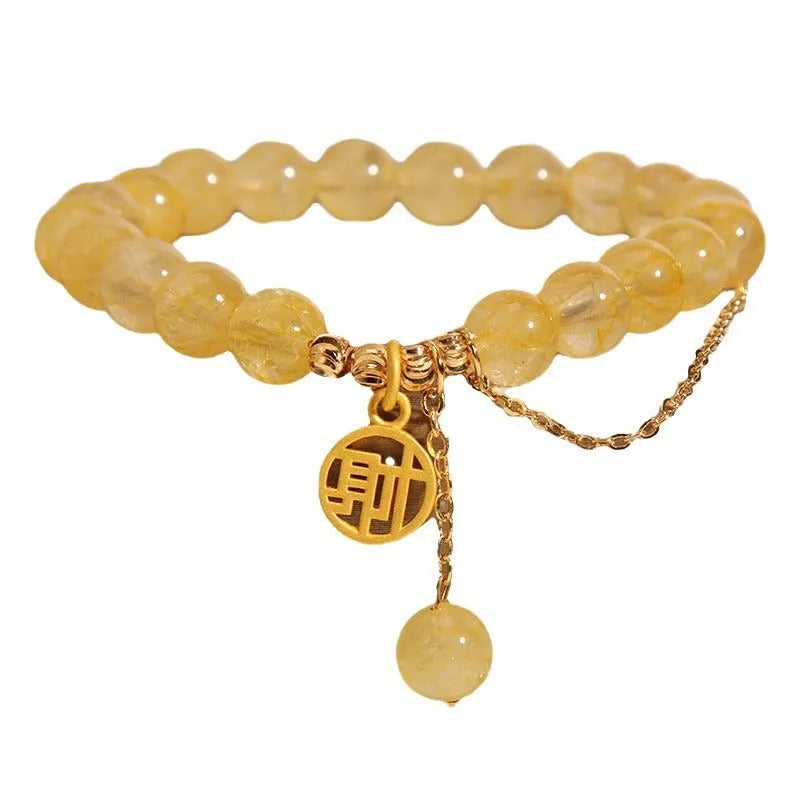 Natural stone citrine bracelet with Chinese character tassel on mixed material band