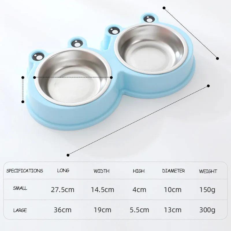 Stainless steel pet double bowl with frog design featuring separate food and water compartments