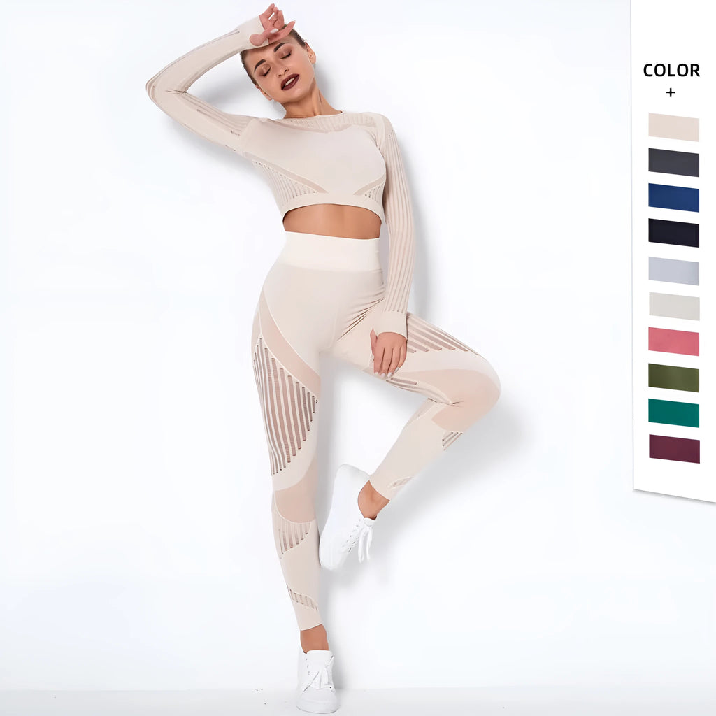 Seamless knitted long-sleeved yoga suit for women in a solid colour, showing full-length design.