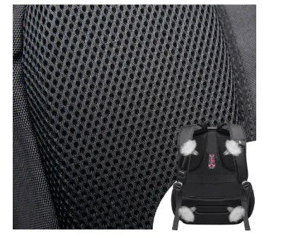Black 16 inch Oxford cloth backpack with earphone hole, charging port, double shoulder straps and soft handle for notebook or tablet