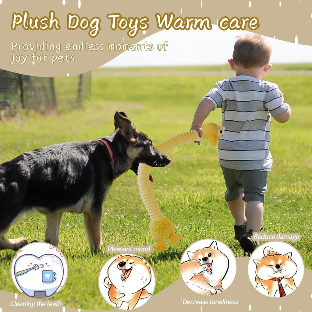Brown plush dog toy with foldable design, showing squeaker and crinkle features.