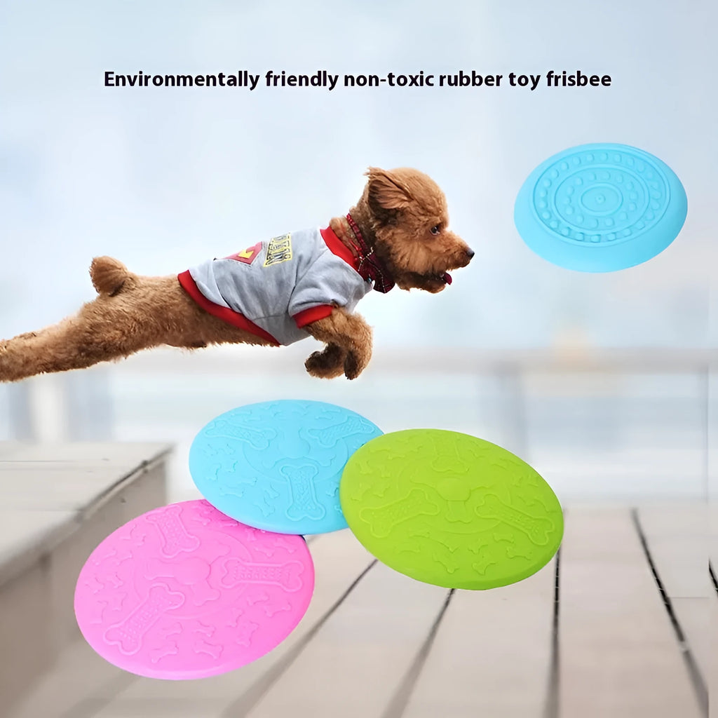 Rubber pet Frisbee dog toy disk in small or large size, plastic fetch toy in six colour options