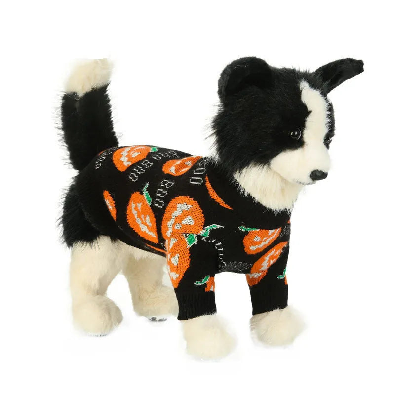 Black Halloween dog sweater with orange pumpkin pattern shown on pet model
