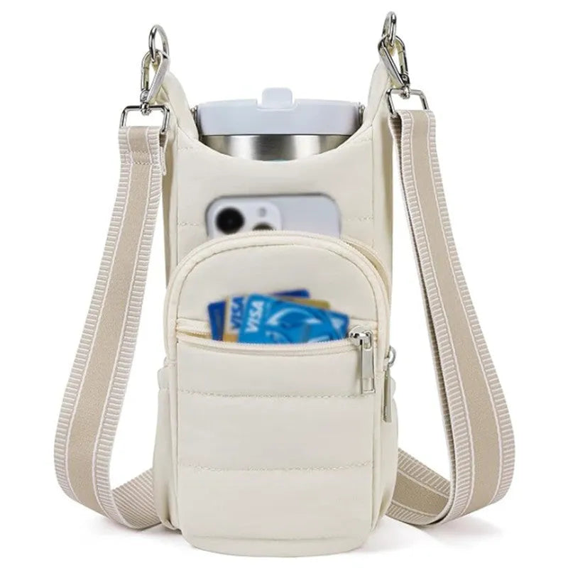 Cloth water bottle bag for bicycles in beige, black, or pink colour.